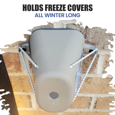 Hose Bib Mounting Plate And Secure Kit for Outdoor Faucets installed on brick wall holding freeze cover