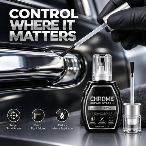 Chromed Out Repair Pen and Scratch Eraser for Ridiculous Metallic Gleam on Automotive Trim Badges and Plumbing Fixtures Silver Shine Touch Up Marker for Dull Metal Surfaces Fast Drying Formula Heavy Duty Restoration Tool, shown in use on chrome surface.