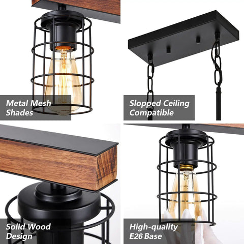 Rustic Linear Pendant Lighting For Kitchen Island And Dining Room With A Black Metal And Wood Finish, Farmhouse Vibe Fixture