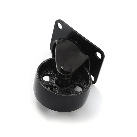 Heavy duty swivel caster wheels in black, 3-inch iron design for industrial carts and workbenches, by FactorDuty.