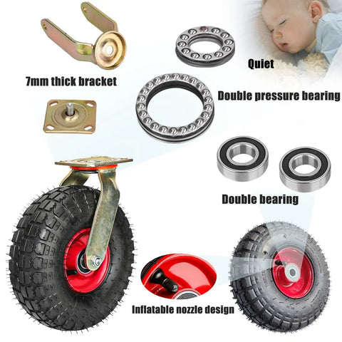 Heavy Duty Swivel Caster Wheels With Reinforced Steel Base And Grip Tight Vacuum Rubber Tires Double Ball Bearings showing bracket, bearings, and inflatable design.