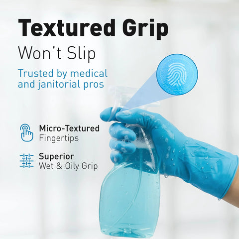 Disposable blue nitrile glove, medium, with textured grip, on hand gripping a spray bottle.