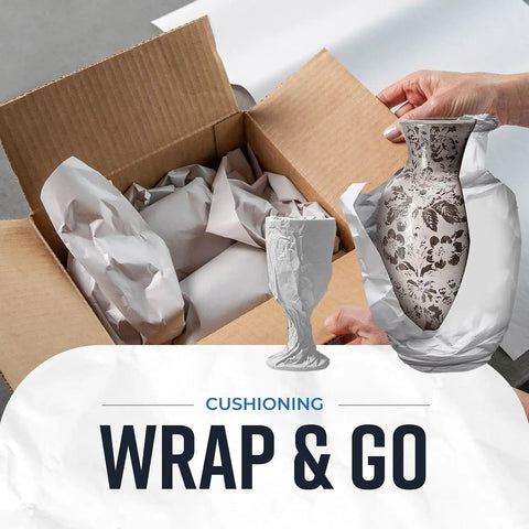 Person using Newsprint Packing Paper Sheets for Moving 160 Sheets 27 by 17 Inches 5 Pound Pack to wrap a vase for protection.