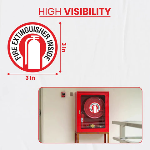 Set Of 15 Durable Vinyl Fire Extinguisher Inside Signs, 3x3 Inch, UV Resistant, installed on wall in public space