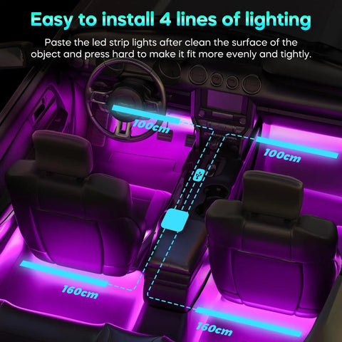 Car interior with App Controlled Car LED Interior Lights With USB Power Color Changing Mood Lighting That Syncs To Music