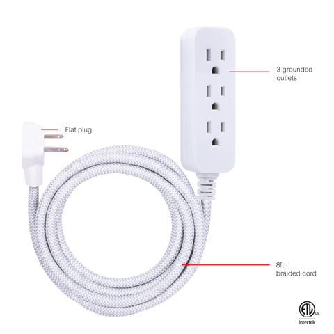 Three Outlet Power Strip With Eight Foot Braided Extension Cord Grounded Surge Protector Flat Plug ETL Listed White Gray Chevron