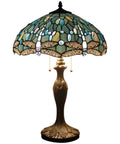 Sea Blue Stained Glass Dragonfly Lampshade Replacement 16 Inch for Table Lamps, showcasing three dragonflies with warm glow
