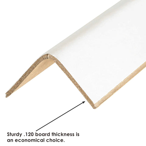 Badass Pallet Edge Protectors Corner Guards 2X2X60 Inch White Paper Board Load Stabilizers for Stretch Wrap, showing thickness detail.