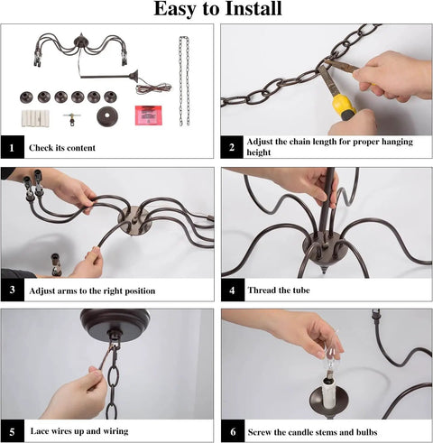Step-by-step guide to install Six Light Farmhouse Chandelier In Oil Rubbed Brown And White Finish For Dining Room Living Room Foyer And Entryway