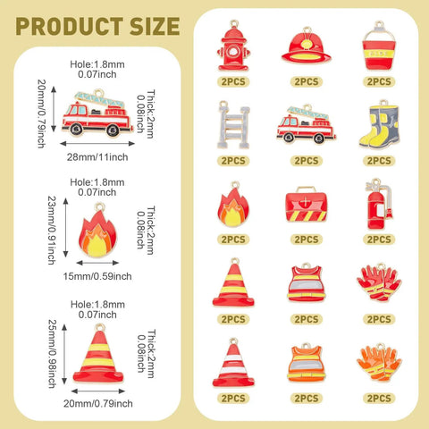 Firefighter Enamel Charms Set 30 Pieces In 15 Styles For DIY Jewelry Making Necklaces And Keychains Fire Truck Helmet Extinguisher Boots Hose And More Metal Charms In Vibrant Colors shown in grid with sizes