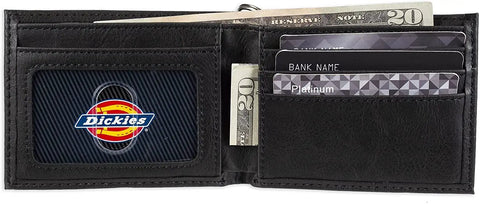 Rugged RFID Leather Bifold Chain Wallet For Men In Pebbled Black, open with card slots and ID window showing logo.