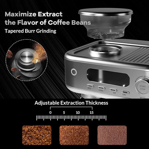 Top Shelf Espresso Machine With Integrated Grinder And Auto Milk Frother For Home Baristas with adjustable extraction thickness for coffee grinding.