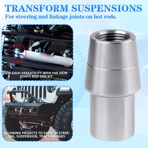 Five Eighths Inch 18 Thread Right Hand And Left Hand Weld In Bung Tube Adapter Kit With Universal Heim Joint Built To Last For Steel Tubing And Tie Rod End Setups. 5/8-18 1045 steel weld-in bung shown for steering and suspension
