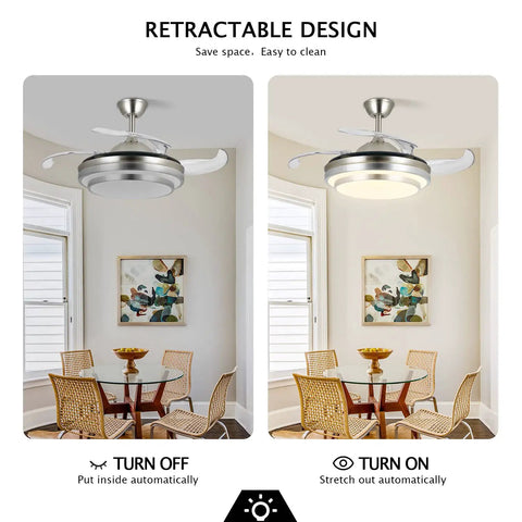 36 Inch Retractable Ceiling Fan With Lights And Remote Smart Dimmable Led Fandelier Lit For Kitchen Dining Room with retractable blades