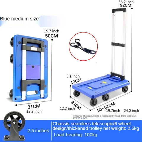 Heavy Duty Folding Push Cart Featuring Smooth Rolling Wheels And A Retractable Handle Compact Blue Platform Truck Designed For Sweat Free Office Moving And Go Anywhere Gear Hauling Quick Fold Flat Storage with measurements.