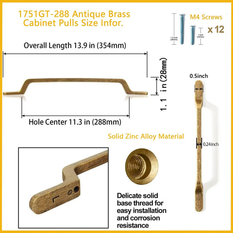 Six Pack Antique Brass Cabinet Pulls Zinc Alloy Dresser Handles 11.34 Inch Center To Center Vintage Brass Drawer Pulls dimensions