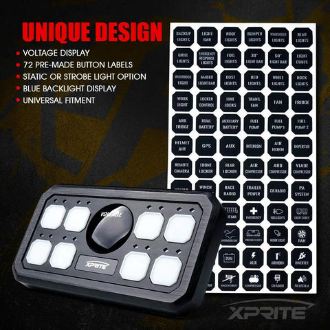 8 Gang Switch Panel Box with Digital Voltmeter and Blue LED Touch Switch Pod for Jeeps, Trucks, UTVs, SUVs, Boats, RVs and other Vehicles Universal 12V Marine Car Accessories shown with button labels.