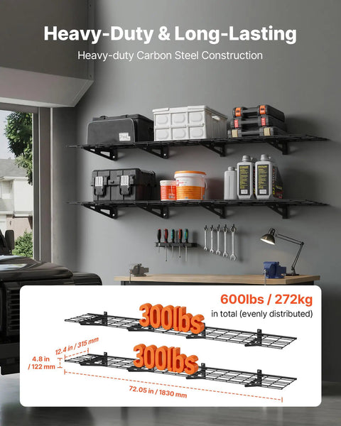 2-Pack Heavy Duty Garage Wall Shelving Units, 6-Foot Long Steel Wall Mounted Shelves, shown in garage with tools and storage boxes