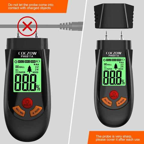 Wood Moisture Meter With Battery And LCD Display showing two-pin probes and LCD screen with caution notes visible