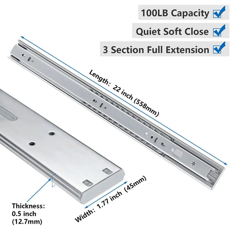 Five Pair 22 Inch Soft Close Drawer Slides With Ball Bearing For Cabinets Full Extension Heavy Duty Kitchen Drawer Hardware Built To Last 100 Lb Capacity Each Quiet Smooth Close Durable Metal Mechanism image showing dimensions and features.