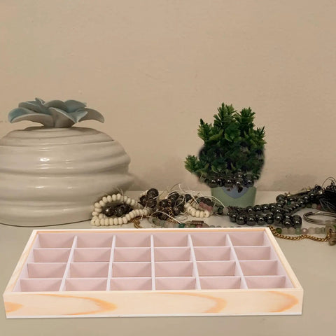 Straight Up Premium Pine Wood Jewelry Tray With 24 Compartments And Plush Velvet Lining To Store Your Bling smooth countertop display.