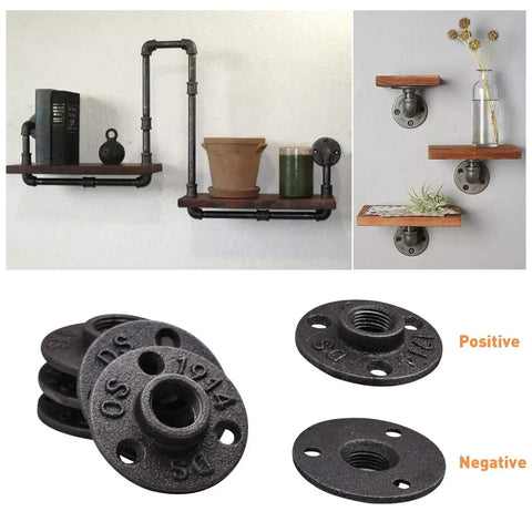 One Inch Floor Flange Set For Industrial Vintage Style Pipe Fittings Built To Last For DIY Projects Furniture Shelving Decor And Wall Mounts 10 Pack Beefy Black Iron showcasing installed shelves and close-up of flanges