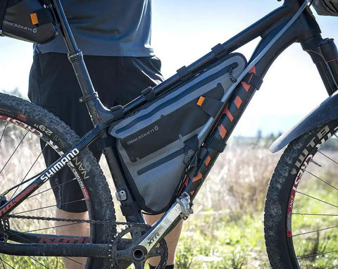 Outpost Elite Frame Bike Bag For Road And Mountain Frames Medium Short Gray With Dope Dual External Pockets And Drain Holes on bike