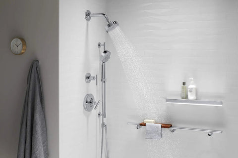 Purist Stillness Wall Mount Handheld Shower Elbow With Check Valve in polished chrome in a modern bathroom setting