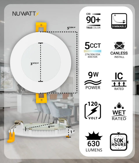Diagram of Dope 4 Inch Ultra Thin LED Recessed Lighting Kit with specs including 5 color temps, 630 lumens, dimmable feature, white trim.