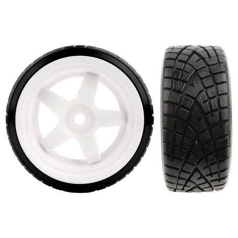Front and side view of 1/10 Scale RC Drift Tires with 12mm Hex Hub showcasing tread pattern for on road touring wheels, slick tire set