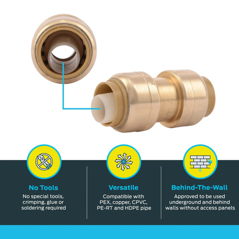 Half Inch Brass Push To Connect Coupling Ten Pack No Fuss Fit For PEX Copper CPVC PERT HDPE Plumbing Fittings Easy To Install In Tight Spaces Ideal For Quick Home Plumbing Repairs, front view of a brass fitting