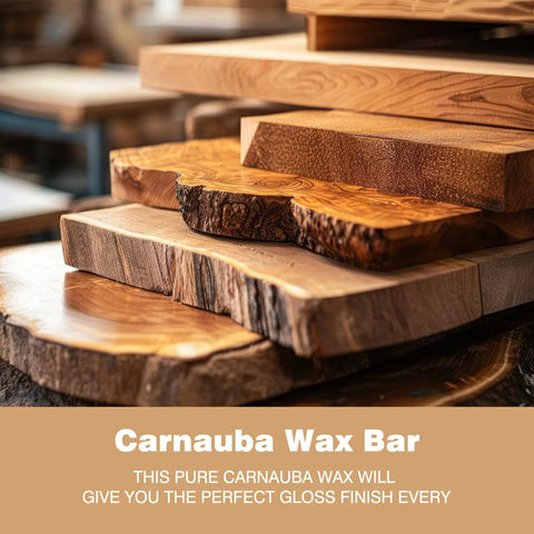 Premium Pure Brazilian Carnauba Wax Paste Stick For Wood Polish And Furniture Buffing Compound with various wood pieces.