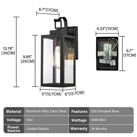 Dope Matte Black Outdoor Wall Light With Clear Glass Shade Weatherproof Front Porch Sconce, dimensions and features labeled