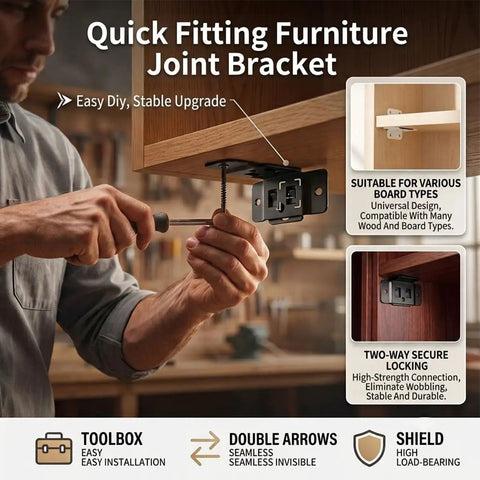Man installing 2 In 1 Locking Corner Brackets For Cabinets Tables And Chairs, Heavy Duty Stainless Steel, black finish
