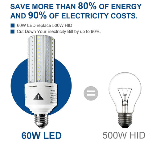 60W Equivalent LED Corn Light Bulb, 7500 Lumens, 5000K Daylight, 500W Incandescent Equivalent, E26/E27 Base comparison to 500W HID bulb