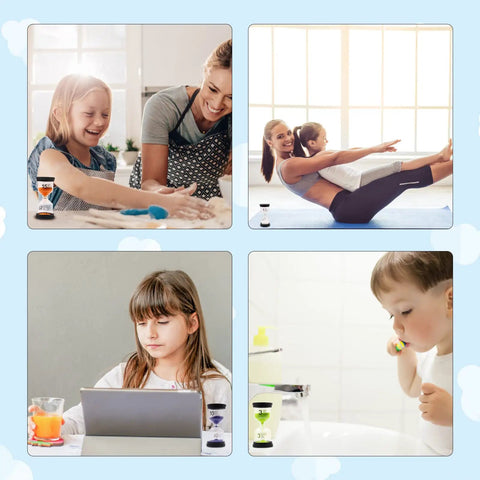 Colorful Sand Timer Set With Six Time Options 1 3 5 10 15 30 Minutes For Classroom Home Office Kitchen Protective Cover Multicolor with kids using the timers in different activities.