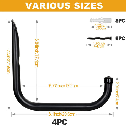 Beast Mode Heavy Duty Wall Hooks 4 Pack Black 8 Inch Long Hangers Thick Carbon Steel dimensions and mounting accessories