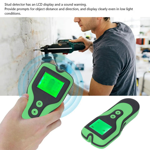 Generic Stud Finder Wall Scanner, 5 Modes LCD Display with Sound Alarm held in hand, showing green LCD while detecting wall objects.