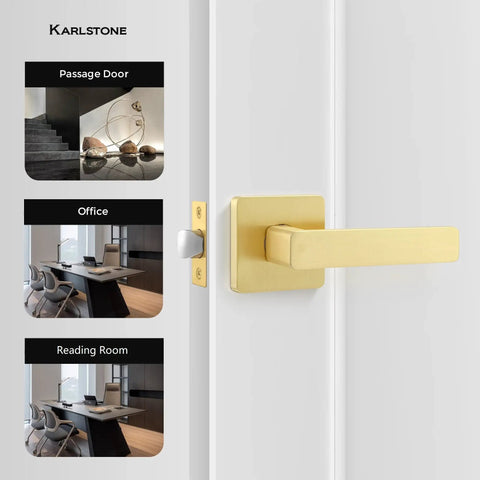 Gold Door Knob Set 5 Pack With Sleek Boss Look Corner Design Keyless Passage Handles Locking Function on white door