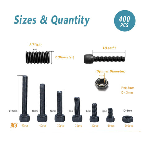 All In One M3 Hardware Kit 400Pcs Button Head Socket Cap Screws Bolts Nuts Set With 1 Hex Wrench, 304 Stainless Steel shown with sizes