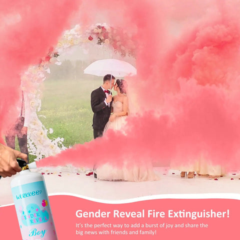 Game Changer Pink Gender Reveal Fire Extinguisher Prop Two Pack Blasts Confetti Burst Over Twenty Feet High at a celebration.