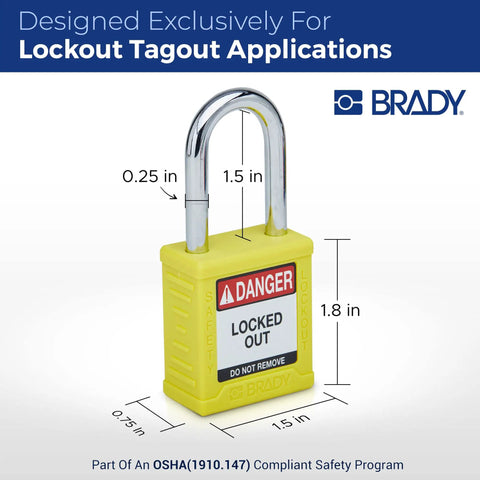Heavy Duty Lockout Tagout Padlock Set In Bright Yellow Six Pack With Keyed Different Brass Cylinders durable nylon body with warning label and steel shackle.