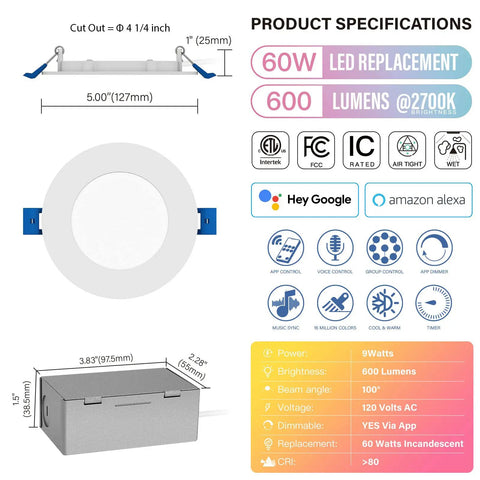 Specifications of 8-Inch LED Recessed Canless Smart Wafer Downlight With WiFi App And Voice Control, including dimensions and features.
