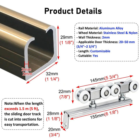 Detailed view of Pocket Door Sliding Rail Kit With Ceiling Mount Track And Ultra Quiet Wheels Hidden Barn Door System, 290cm, aluminum alloy.