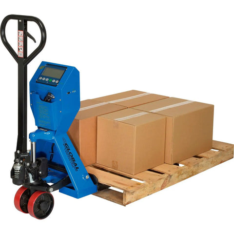 Heavy Duty Low Profile Pallet Jack Scale Truck Built Tough For Serious Payload Jobs Featuring Integrated Digital Weight Meter And No Sweat Ergonomic Pump Lever Systems, with boxes on a wooden pallet.
