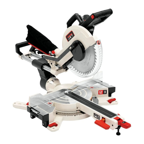 12-Inch Sliding Dual Bevel Compound Miter Saw With Adjustable Fence And Extension Tables Front Controls Dual Bevel Pro Grade Heavy-Duty 15 Amp Motor Dust Port And Bag Two And A Half Inch Adapter Model JMS-12X