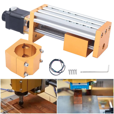 Beefy Aluminum Z Axis Stroke 85mm With Stepping Motor for CNC, shown with spindle mount, screws, and tools, stable performance.
