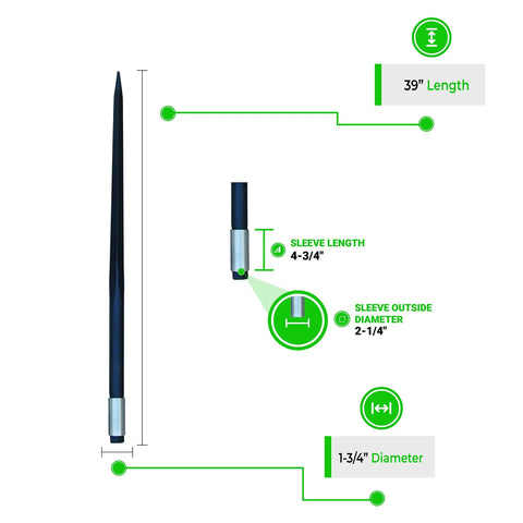39 Inch Hay Bale Spear With 3000 Lb Capacity showing dimensions 39 inch length, 1-3/4 inch diameter, sleeve length 4-3/4 inch.