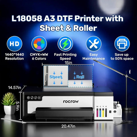 Next Level A3 DTF Printer With XP600 Printhead And Powder Shaker Bundle, Hella Vibrant T Shirt Transfer Machine Featuring White Ink Mixing, 1440dpi Sharp Details, And Snappy Fast Printing Speed For Effortless Production showing sheet and roller configuration.