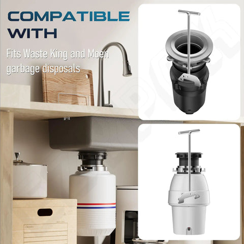 Garbage Disposal Unjamming Wrench Tool Universal Compatibility With Moen InSinkErator And Waste King Disposals Above The Sink Clearing Clogs Quick And Easy No Fuss Repair, showing under-sink use with disposal units.